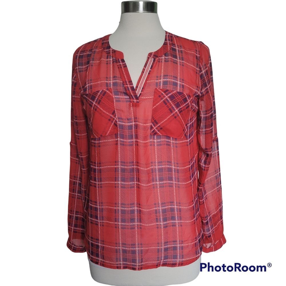 SKIES ARE BLUE RED PLAID SHEER TOP - S